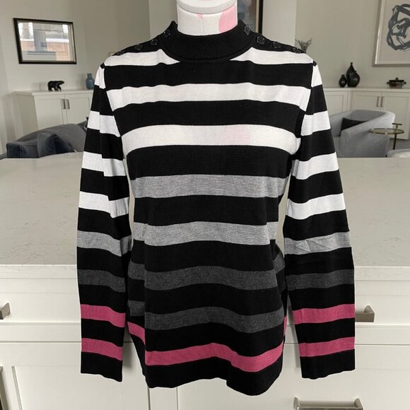 Karl Lagerfeld LS Striped Ribbed Mock Turtleneck Sweater Blk Wht Gry Pink Sz S - Picture 11 of 11